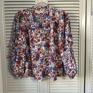 LOFT  Peacock Ruffle Gold Button Floral Print Blouse Sz XSPetite